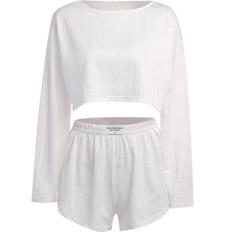 Women&#039;s Casual Suit Hollow-out Fashion Simple Loose Pullover Long Sleeve Top Shorts