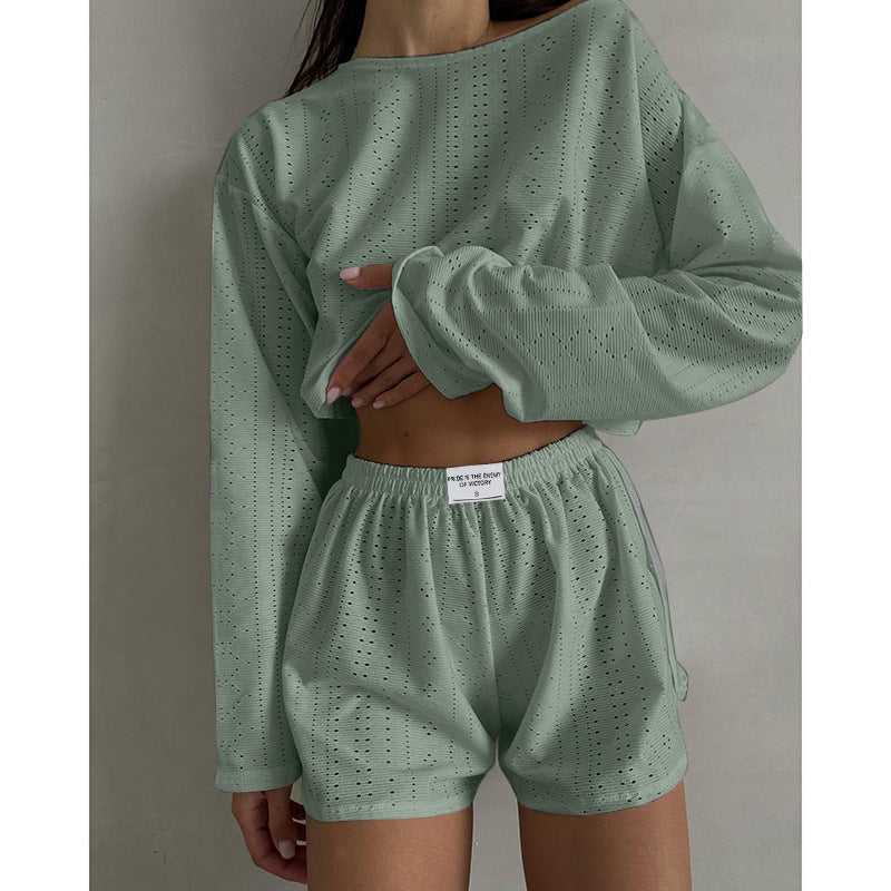 Women&#039;s Casual Suit Hollow-out Fashion Simple Loose Pullover Long Sleeve Top Shorts