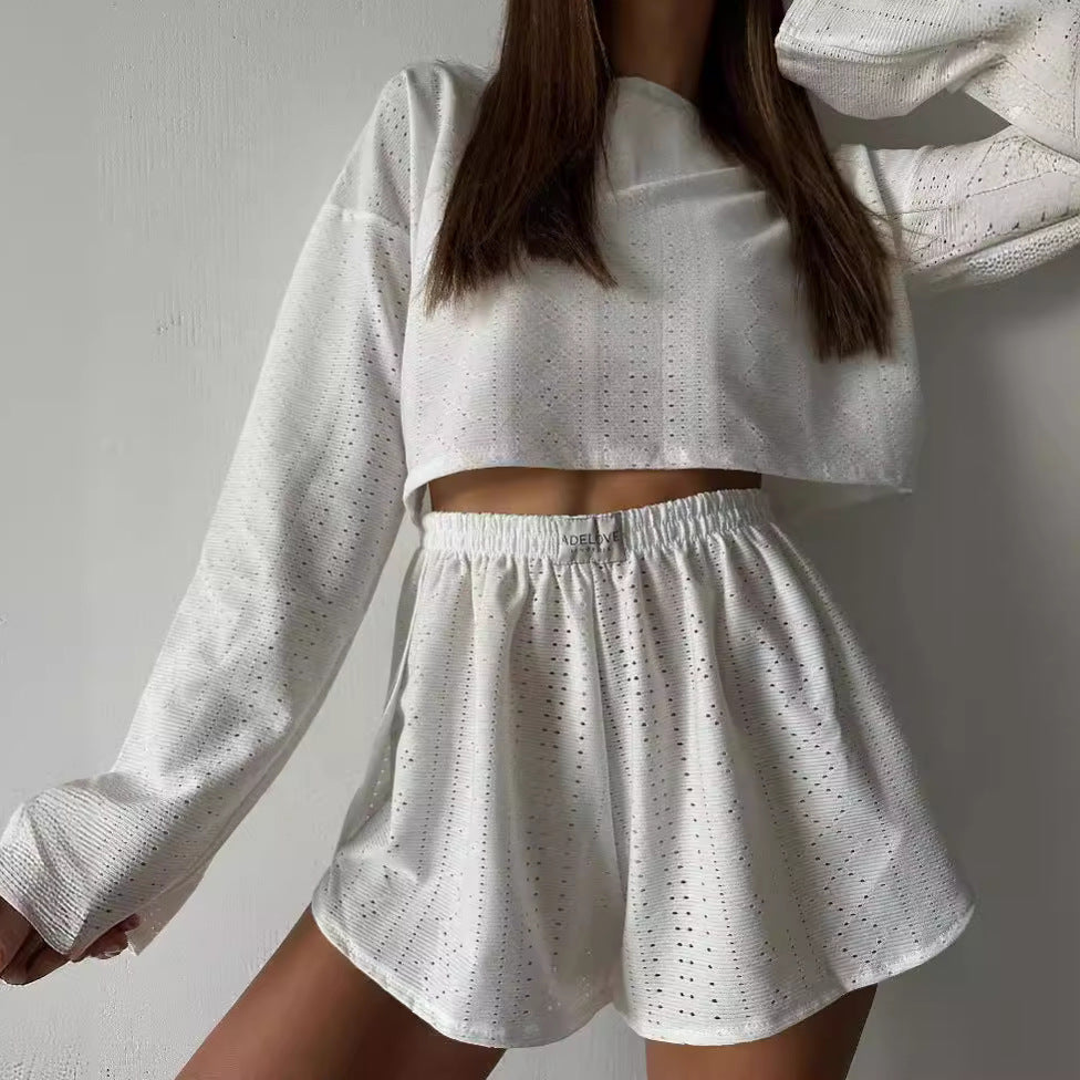Women&#039;s Casual Suit Hollow-out Fashion Simple Loose Pullover Long Sleeve Top Shorts